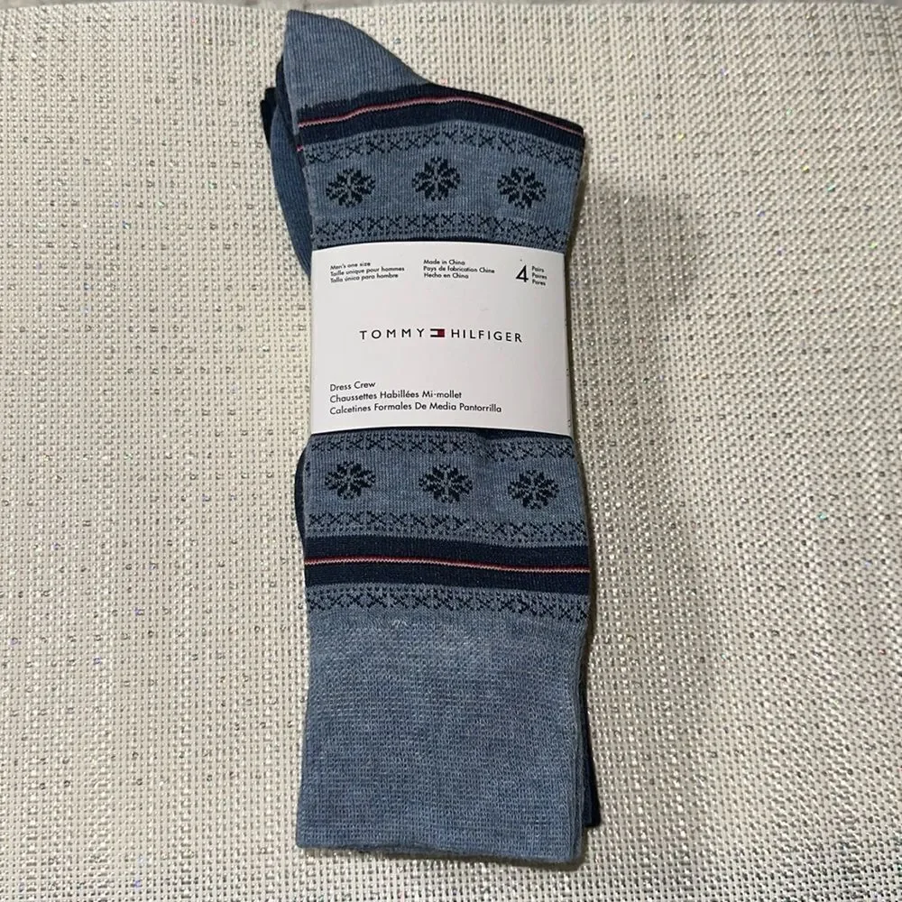 Tommy Hilfiger Shoe Size 7-12 4 Pack Men’s Dress Crew Cotton Blend Blue Socks